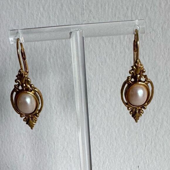 Gold Tone Victorian Style Earrings With Pearls - Picture 8 of 12